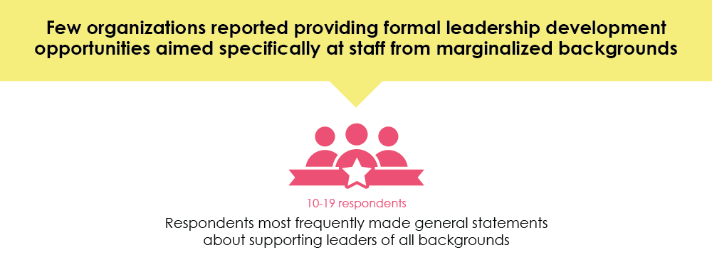 Image stating few organizations reported providing formal leadership development opportunities aimed specifically at staff from marginalized backgrounds