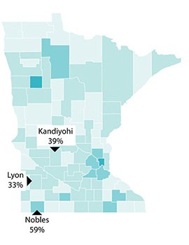 ​​​​​​Image of Minnesota counties highlighting the diversity index in three southwest MN counties: Nobles (59%), Kandiyohi (39%), and Lyon (33%)