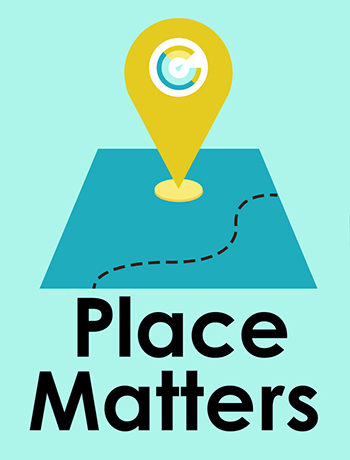 Graphic that shows an oversized place marker with Compass logo on a map with a dotted trail, and the words "Place Matters"