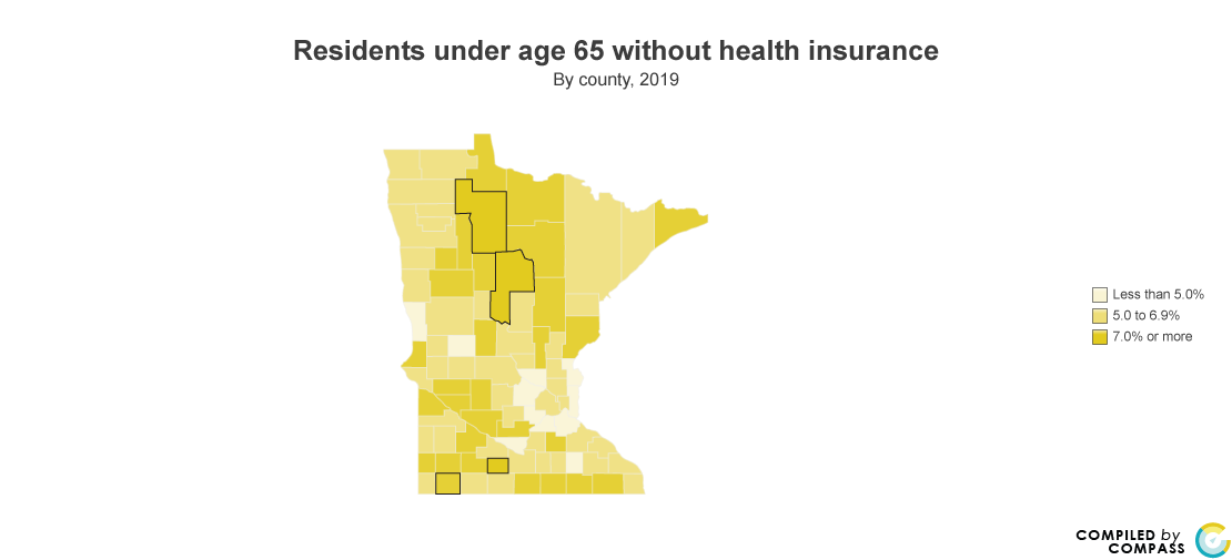 County map showing residents under age 65 without health insurance. 