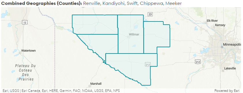 Map with five MN counties highlighted: Swift, Chippewa, Kandiyohi, Meeker and Renville