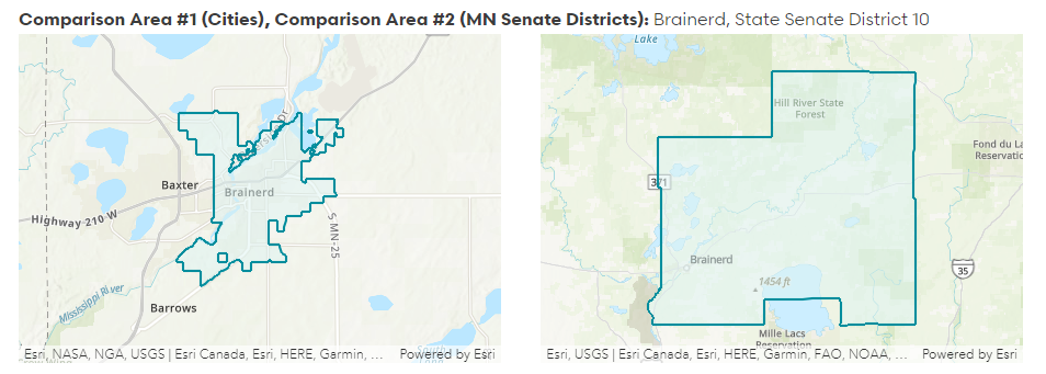 Two maps side by side showing the City of Brainerd, and State Senate District 10