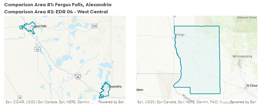 Map showing combination of two cities compared to an economic development region.