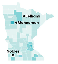 State map shows the three most diverse counties in greater Minnesota. Beltrami and Mahnomen are in the northern part of the state, and Nobles is in the southwest corner of the state.