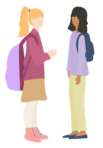 Illustration of two teenage girls talking to each other. They both wear backpacks