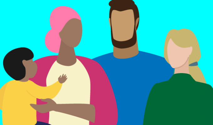 Illustration of four people of diverse backgrounds: An African-American mom holding her toddler, a man of color with a beard, and a White teen-age girl
