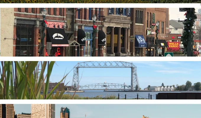 Montage of Minnesota scenery, including, a field of sunflowers, a downtown street in St. Cloud, the Duluth liftbridge, and the  Saint Paul skyline