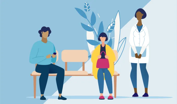 Graphic image of three people in a health care waiting room. Two people are sitting on a bench and a health care professional stands next to them.