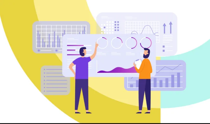 Conceptual illustration of two people putting together oversized charts.