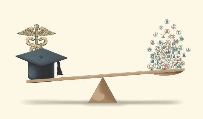 Image of a weighing scale. On one side, there are significantly heavier weight icons representing hospitals and universities and on the other side small lighter icons of representing many nonprofits  