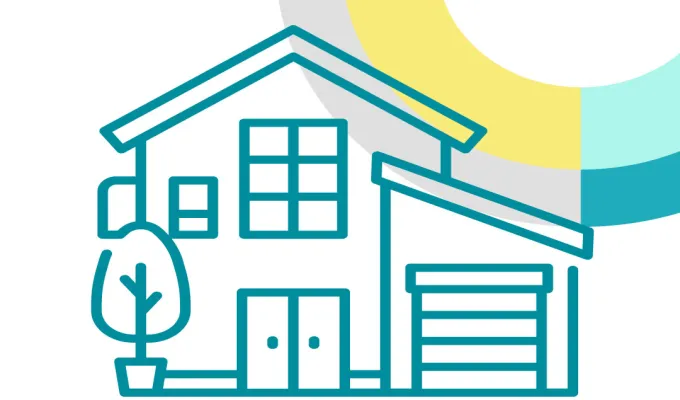 Line drawing of a two-story home with a one-stall garage, a double door, and a tree.