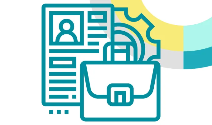 Line art for a resume, a cog, and a briefcase, representing employment