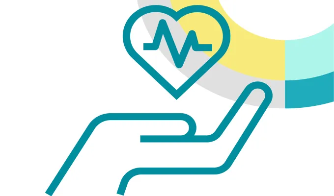 Line art of a hand holding a heart with a heartbest graph inside of it, representing health care
