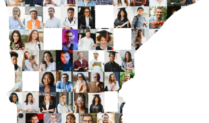 Vector image of the state of Minnesota filled with a collage of faces and missing spaces.