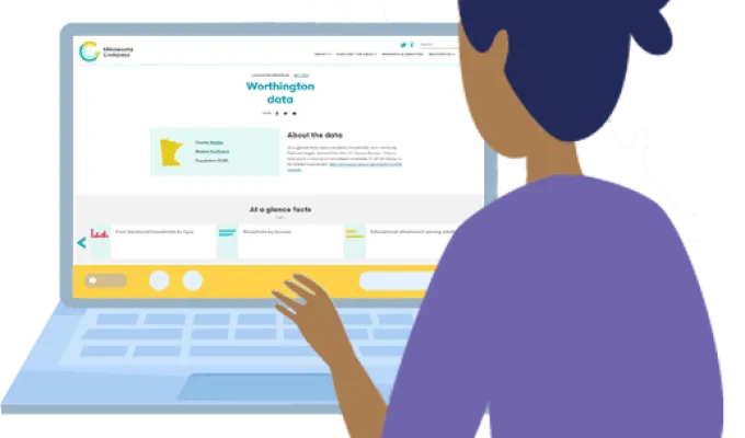 Vector image of a woman working at a laptop with the Minnesota Compass website displayed on the screen