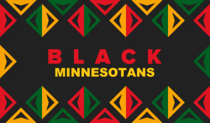 Image says "Black Minnesotans" surrounded by  brightly colored diamond patterns in bed, green, and gold