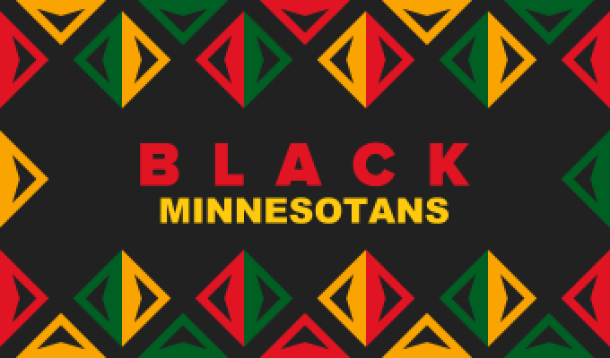 Image says "Black Minnesotans" and is surrounded by diamond-shaped patterns in the colors of red, green and gold