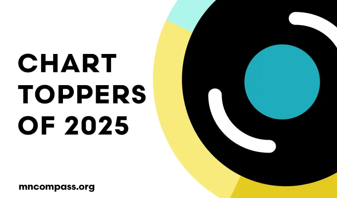 Image says "Chart Toppers of 2025" and shows an illustration of an album. 