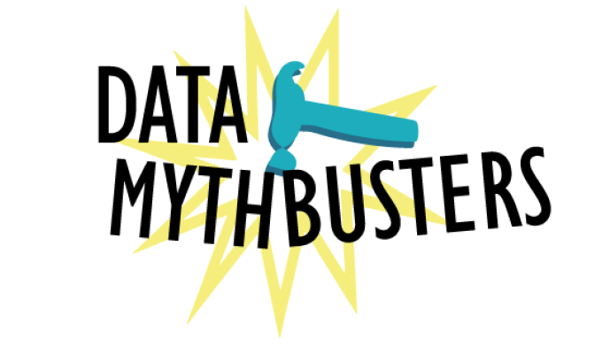 Illustration that says "Data Mythbusters" with a hammer hitting and cracking in two the word "Mythbusters."