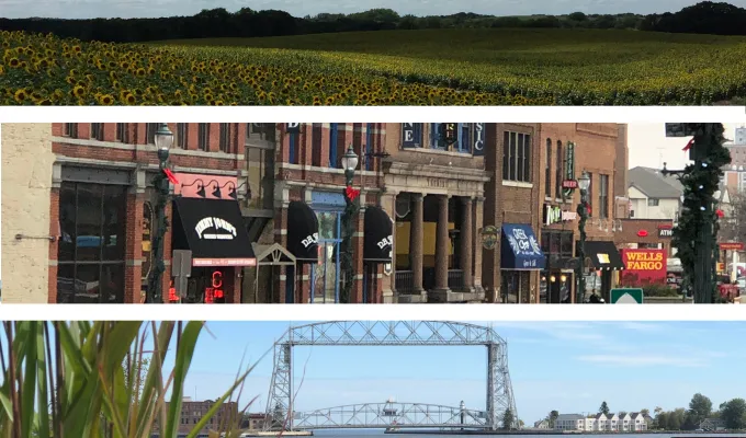 Montage of Minnesota scenery, including, a field of sunflowers, a downtown street in St. Cloud, the Duluth liftbridge, and the  Saint Paul skyline