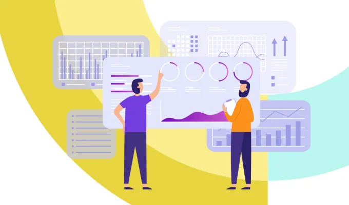 Conceptual illustration of two people putting together oversized charts.
