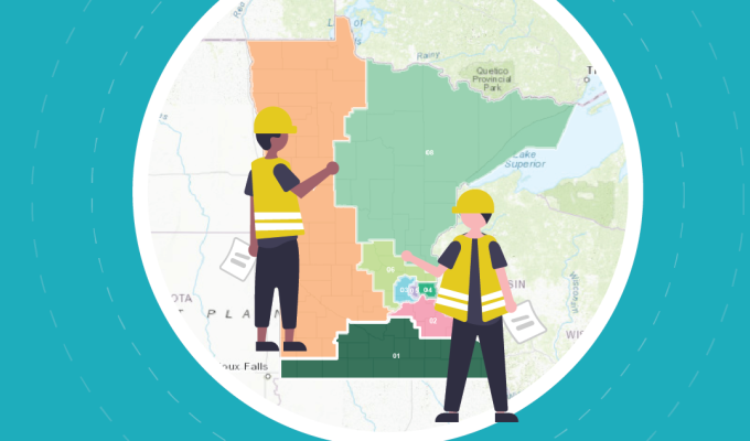 Conceptual illustration of two builders moving district borders on Minnesota state map.