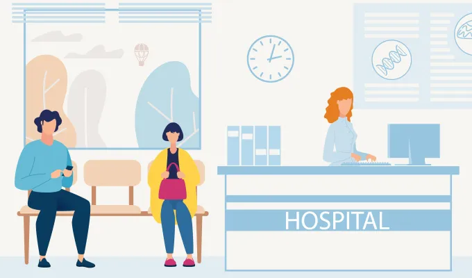 Vector image of two adults sitting in a hospital waiting room