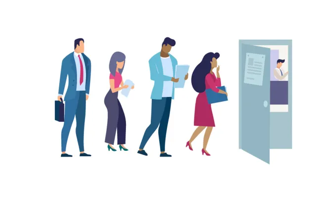 Vector image of four adults lined up outside of an office door