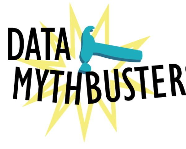 Illustration of the words "DATA MYTHBUSTERS" with a hammer striking the word "mythbusters"