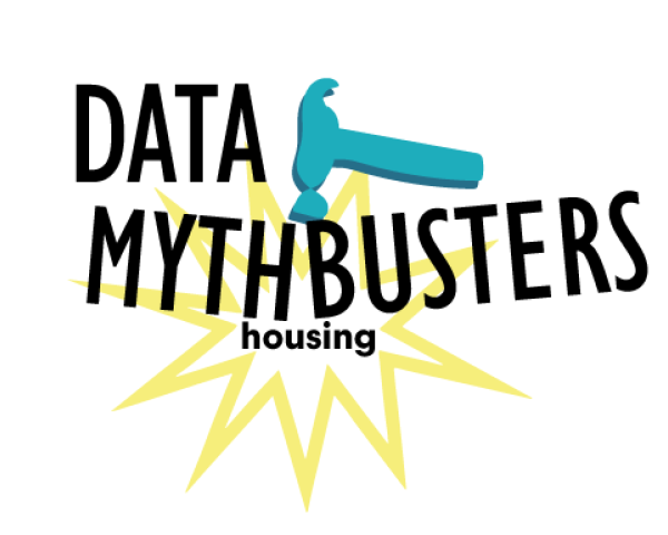 Illustration of a hammer hitting the words "Data Mythbusters: Housing"