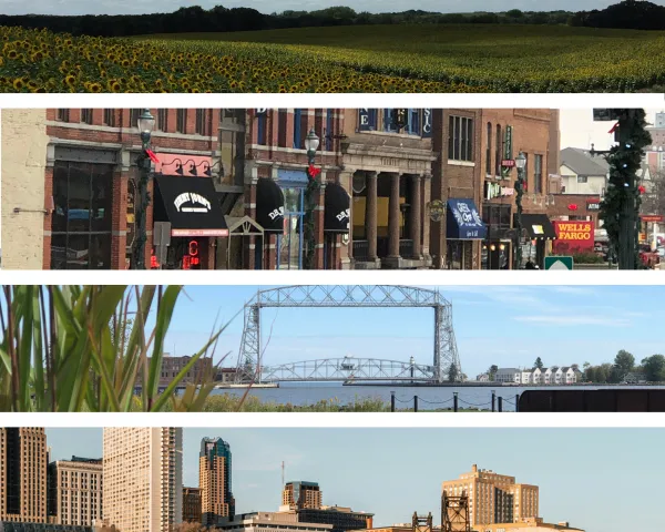 Montage of Minnesota scenery, including, a field of sunflowers, a downtown street in St. Cloud, the Duluth liftbridge, and the  Saint Paul skyline