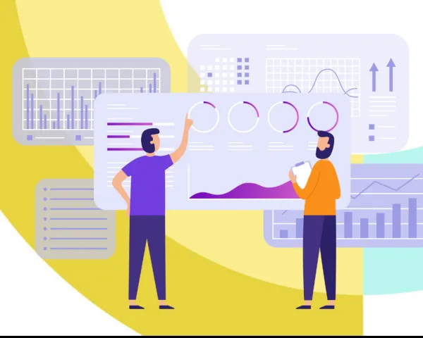 Conceptual illustration of two people putting together oversized charts.