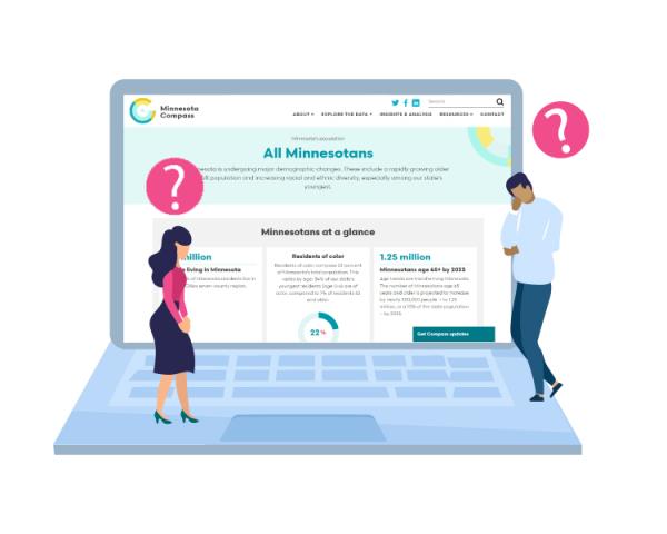 Conceptual illustration of two people on a giant laptop searching for information. They have question marks over their heads.