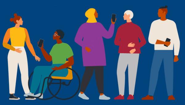 Illustration of five diverse people interacting with each other. Includes one person in a wheelchair, a woman in a hijab, and three people of color. 