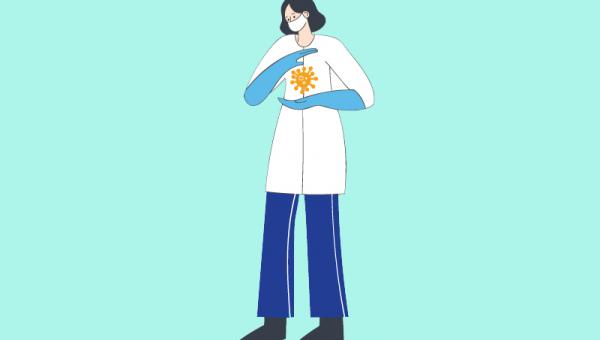 Illustration of female health worker in mask and gloves with a coronavirus image between her hands
