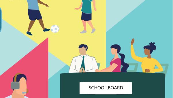 Montage of ways a person can gain leadership experience. Illustration shows a man on a bullhorn, a boy and a girl playing soccer, Three people at a school board meeting, and a crisis line volunteer.
