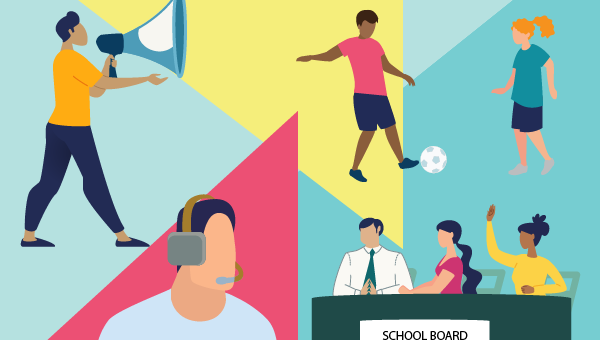 Montage of ways a person can gain leadership experience. Illustration shows a man on a bullhorn, a boy and a girl playing soccer, Three people at a school board meeting, and a crisis line volunteer.