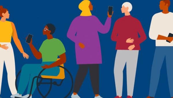 Illustration of five people of diverse backgrounds talking with each other. One person is in a wheelchair.