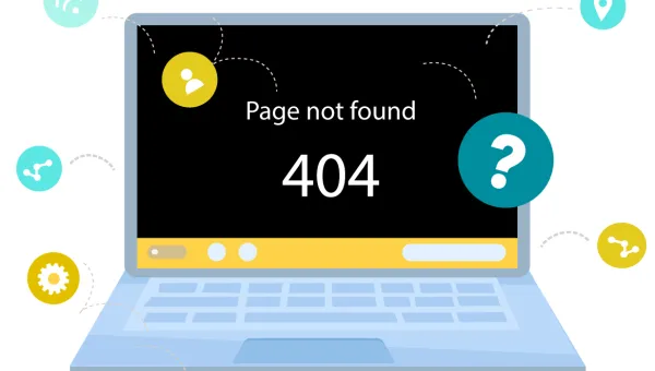 Illustration of laptop that says Page not found: 404 on it.