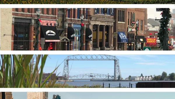 Montage of Minnesota scenery, including, a field of sunflowers, a downtown street in St. Cloud, the Duluth liftbridge, and the  Saint Paul skyline