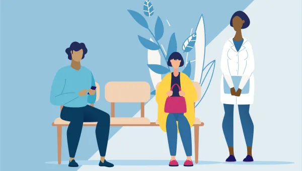 Illustrator of three people in a health care waiting room setting, two people are sitting on a bench seat and a health care worker stands next to them.