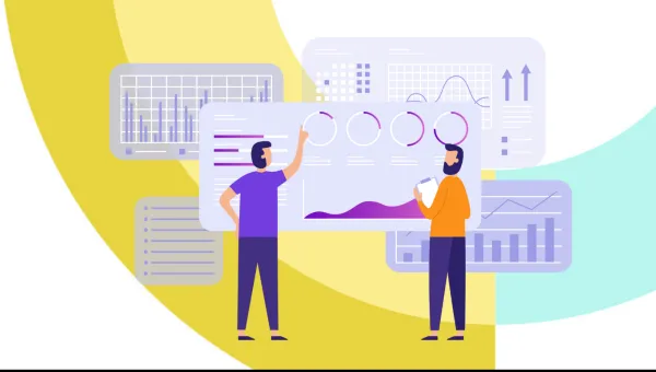 Conceptual illustration of two people putting together oversized charts.