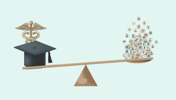 Image of a weighing scale. On one side, there are significantly heavier weight icons representing hospitals and universities and on the other side small lighter icons of representing many nonprofits  