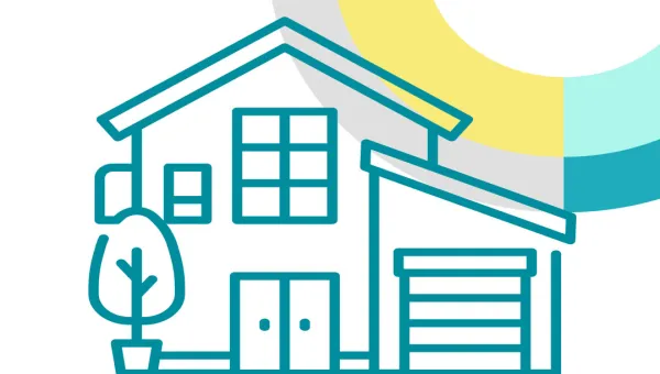 Line drawing of a two-story home with a one-stall garage, a double door, and a tree.