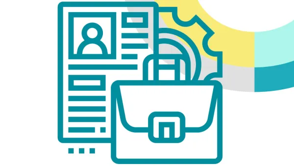 Line art for a resume, a cog, and a briefcase, representing employment