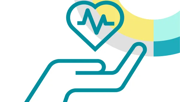 Line art of a hand holding a heart with a heartbest graph inside of it, representing health care