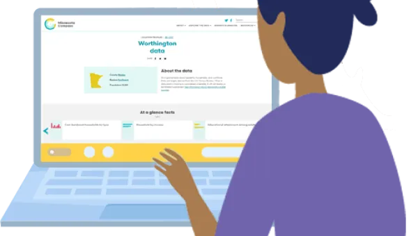 Vector image of a women working on a laptop with the Minnesota Compass website displayed on the screen