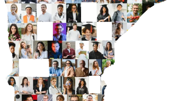 Vector of the state of Minnesota with a collage of people and blank boxes